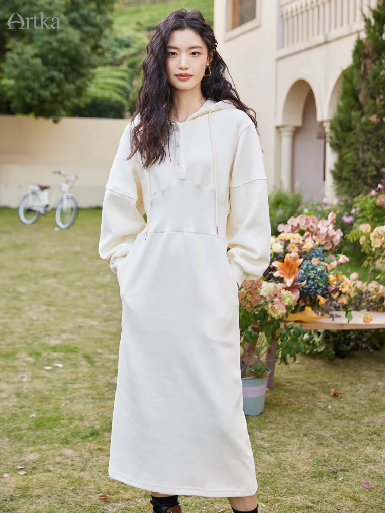 

ARTKA 2022 A/W New Women Dress Fashion Casual Long Lantern Sleeve Hoodie Dresses Loose High Waist Long Hooded Dress ZA92125D