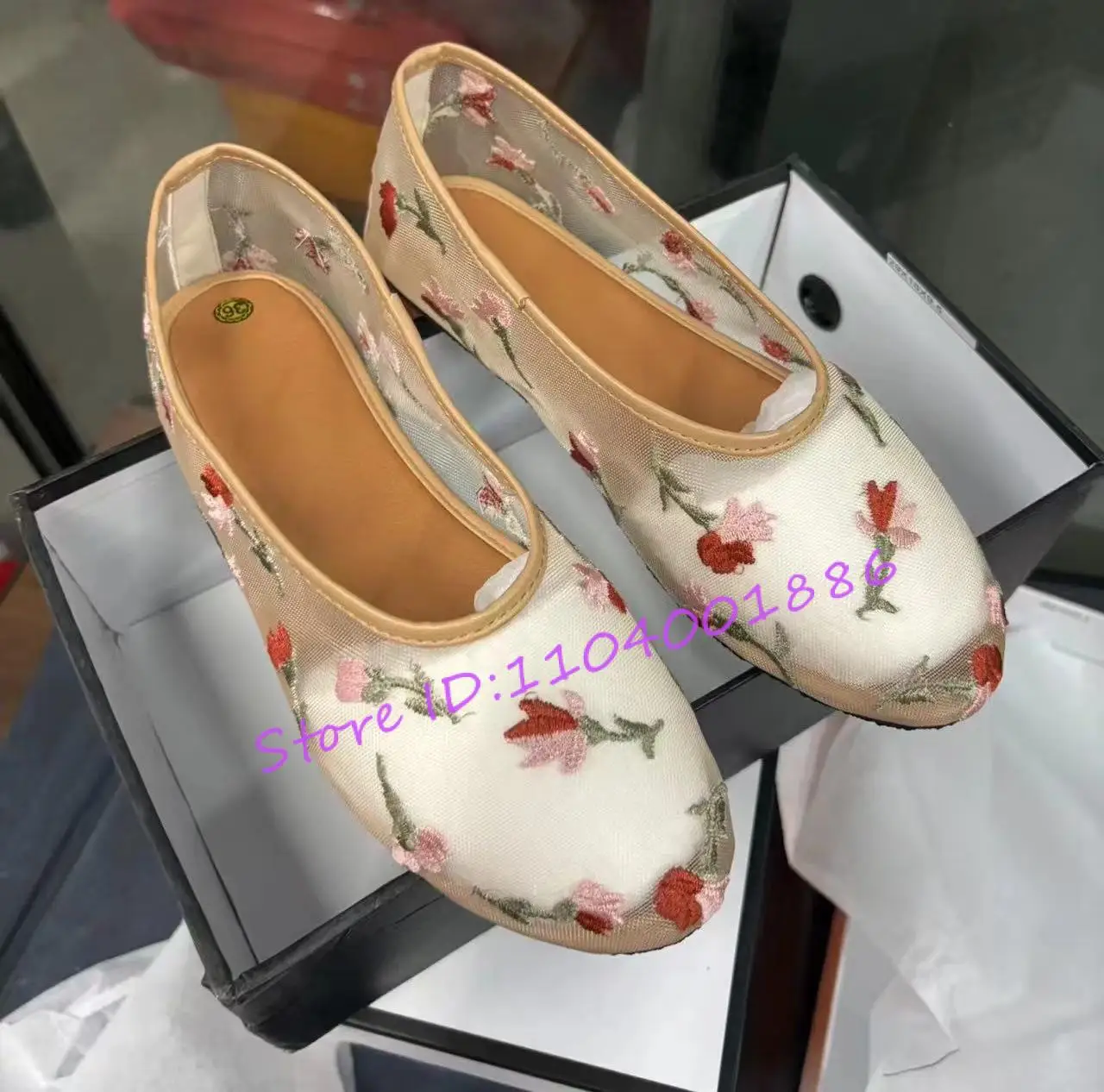 Summer New Mesh Ballet Flats Round Toe Floral Embroidery Mary Jane Shoes Black White Apricot Slip On Elegant Casual Women Shoes