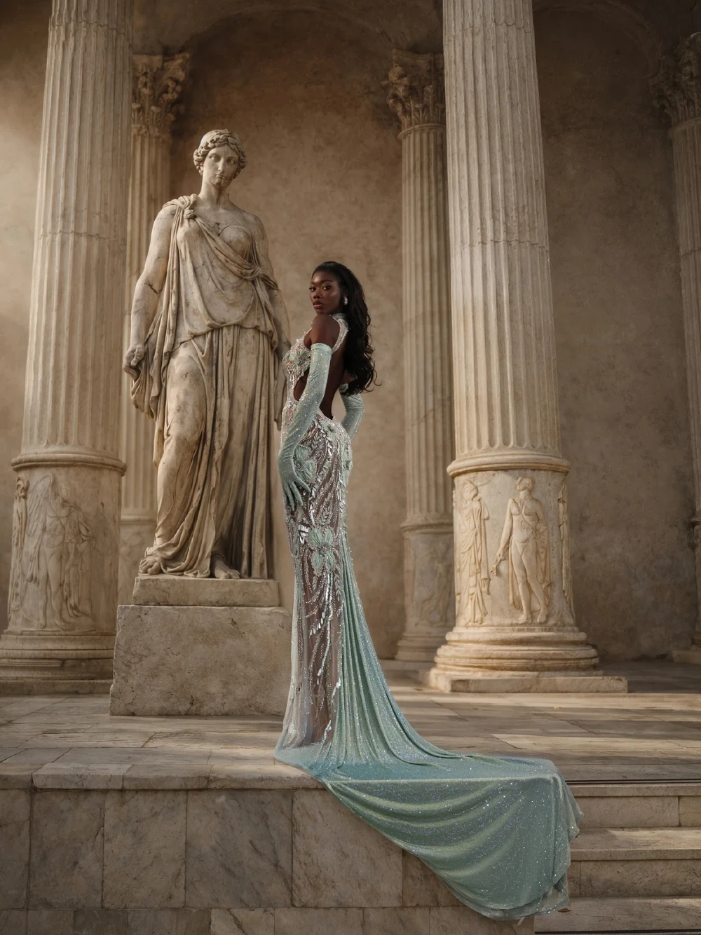 

Haute Couture Mint Green Evening Dress Chic Backless 3D Flower Feather Sexy Halter Customized Sparkling Intricate Prom Gown