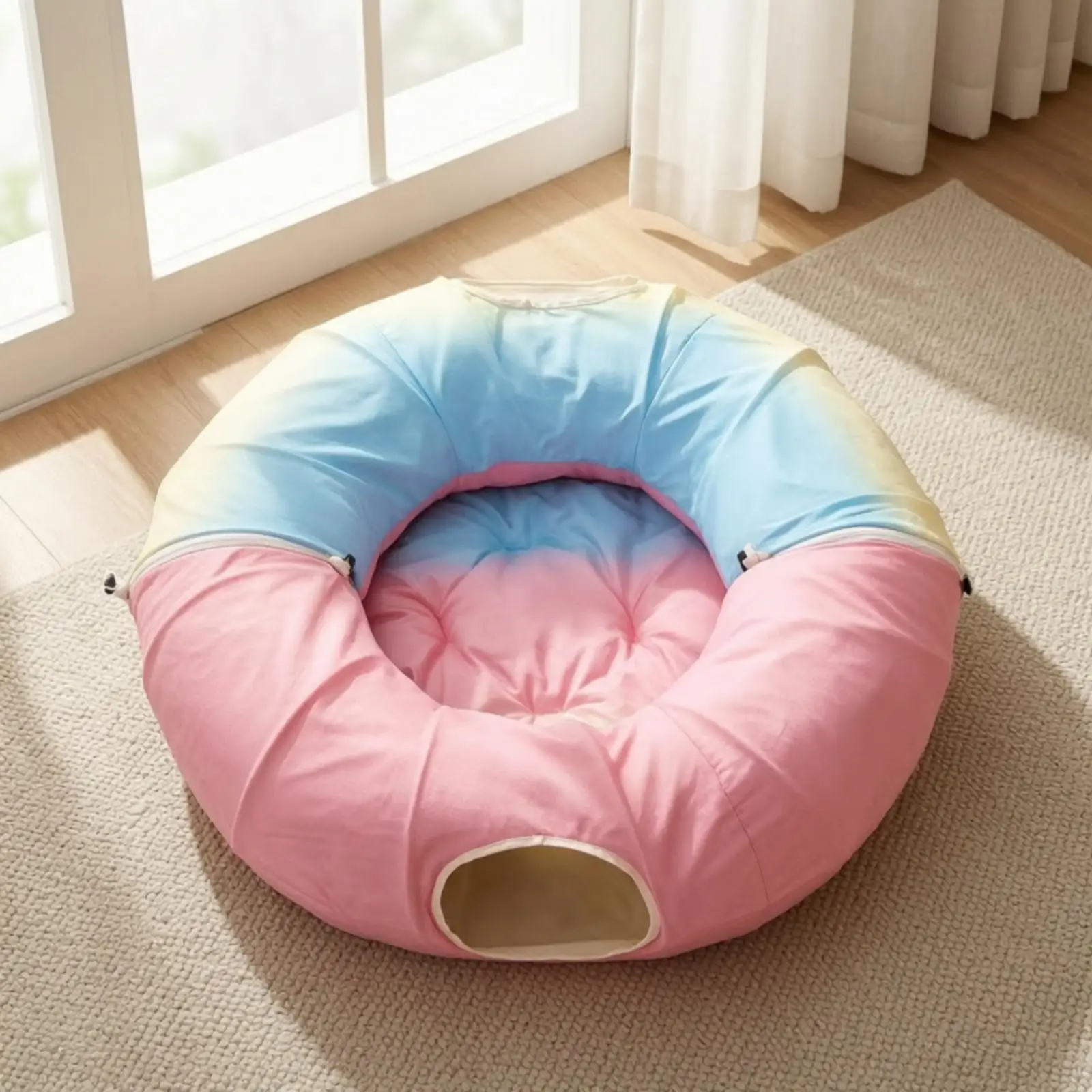 Foldable Pet Tunnel Bed with Zippered Fasteners Collapsible Donut-Shaped Tunnel Pet Bed Soft Wipe Clean for Cats