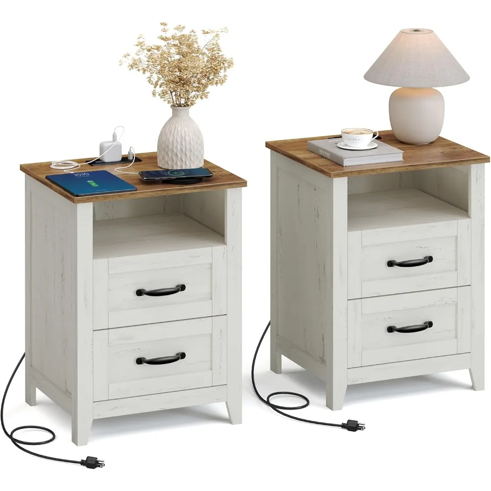 زوج من طاولات الشحن ذات الطراز الريفي مع أدراج مزدوجة ورف مفتوح للاستخدام بجانب السرير #1