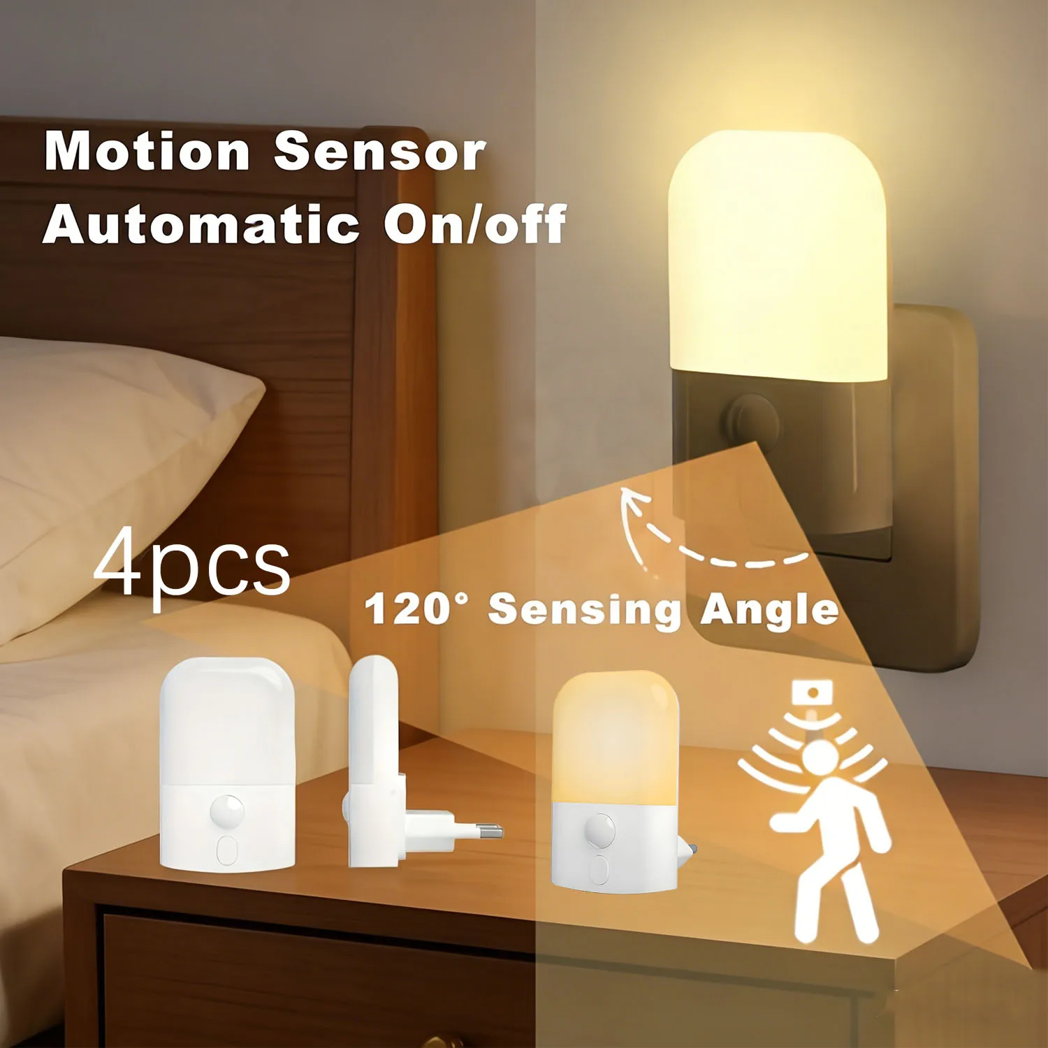 モーションセンサーと複数の明るさレベル調整機能付きナイトライト4個、廊下、寝室、バスルームに最適