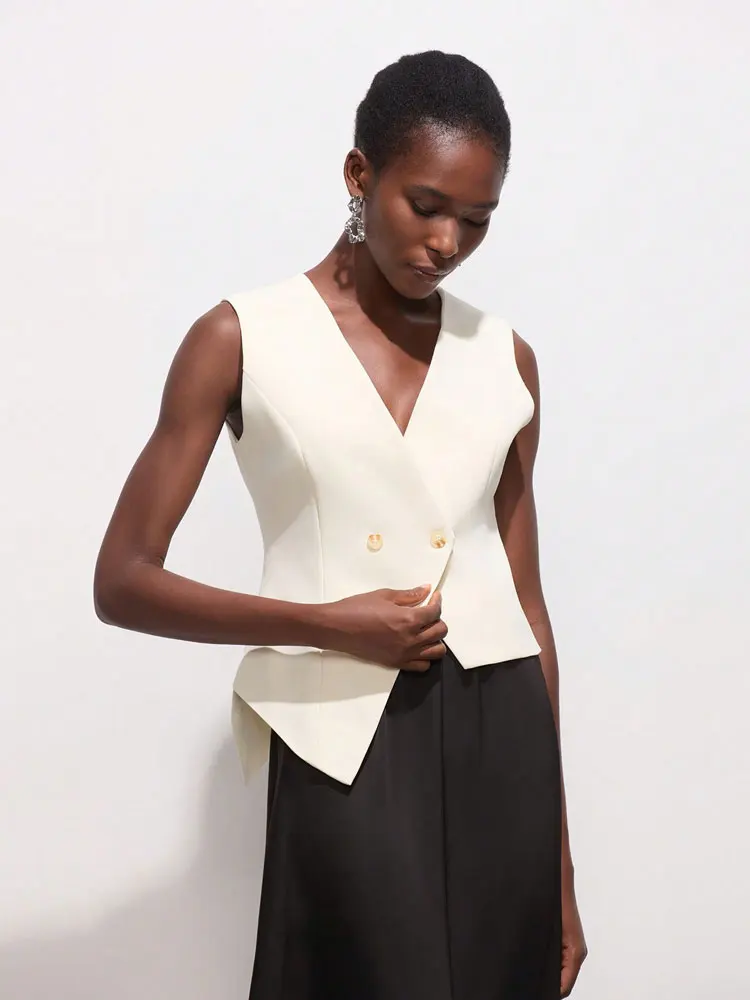 Damen Mode Asymmetrische Einfarbige Weste mit V-Ausschnitt, Ärmellose Schicke Weste für Frauen – Detail 6