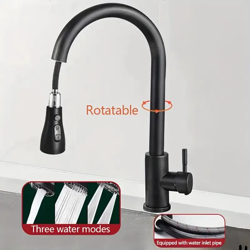 Modern Stainless Steel Kitchen & Balcony Sink Faucet Set - Hot & Cold Water, 3-Mode Pull-Down Sprayer