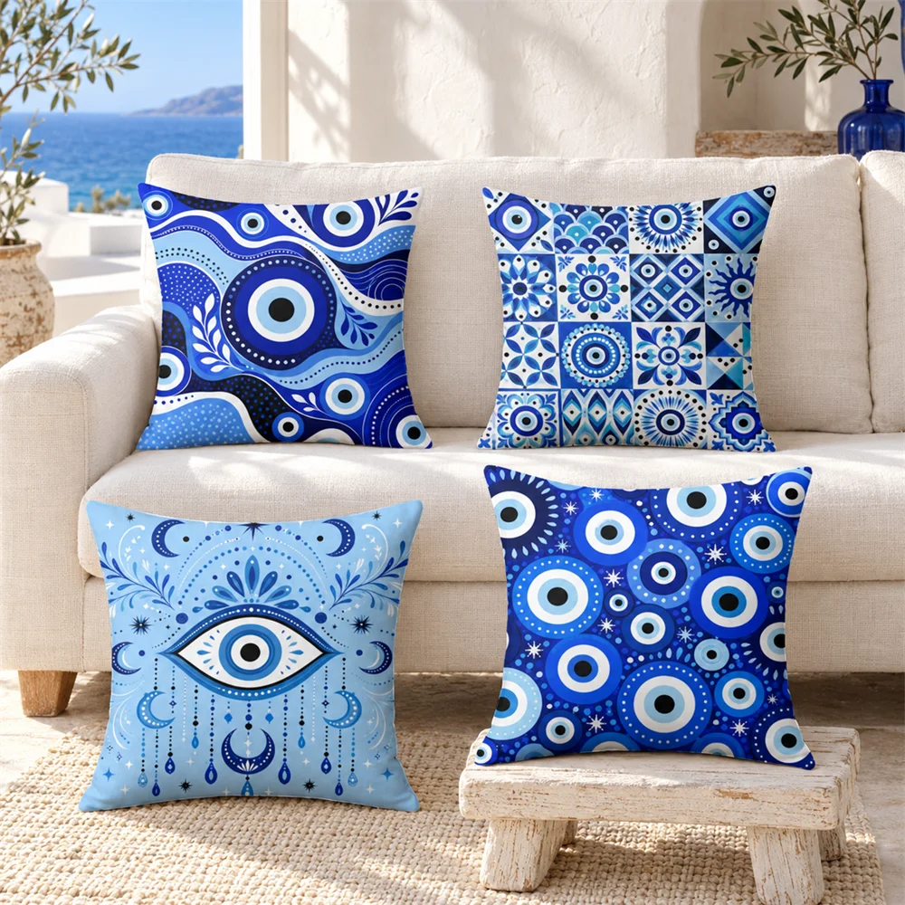 Blue Turkish Evil Eye Mandala Cushion Cover Soft Short Plush Pillow Cases Hidden Zipper Cutecore Sofa Bedroom Home Decor Gift