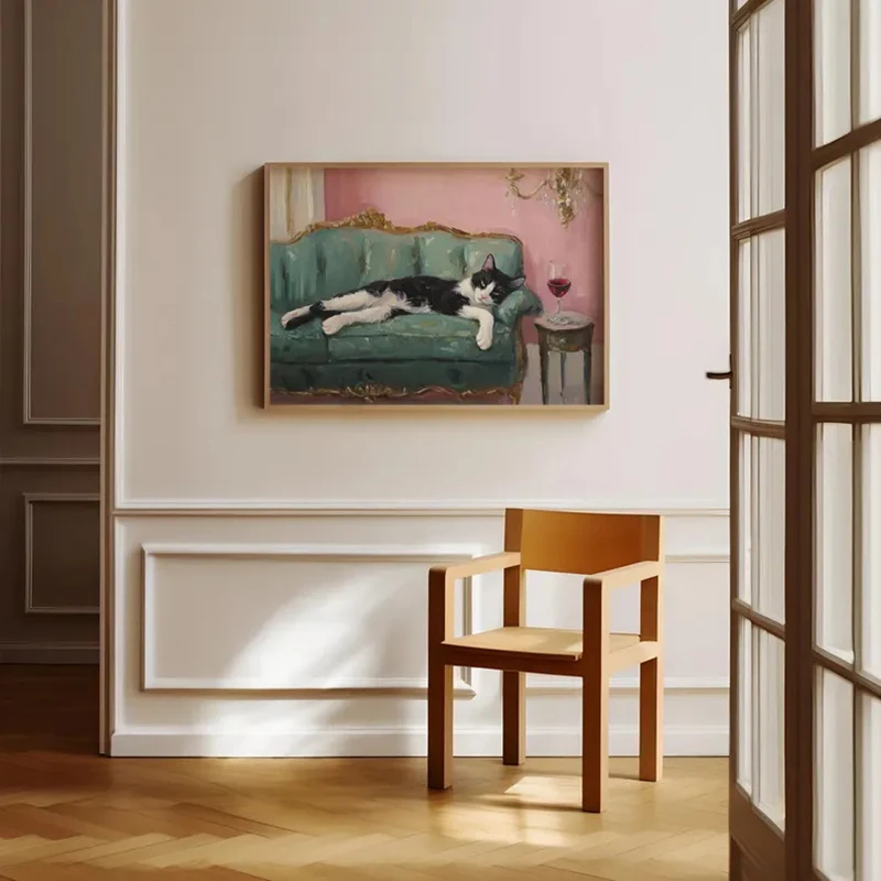 Gato Tuxedo con Vino Tinto, Impresión Artística en Lienzo sin Marco para Decoración de Pared | Decoración Artística para Bar de Cócteles | Regalo de Arte Fino | Arte de Pared Moderno para el Hogar