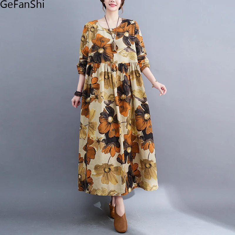 2023 Soft Cotton Linen Print Floral Long Sleeve  Autumn Dress Holiday Outdoor Travel Style Women Spring Long Maxi Casual Dress