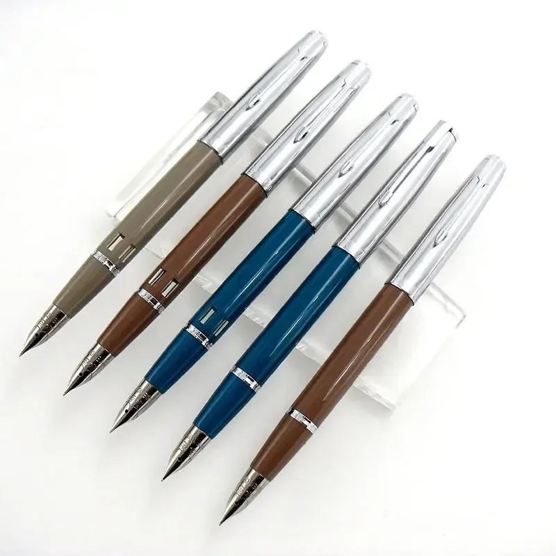 Hot Wingsung 601A Piston Ink Fountain Pen F M Bent Curved 0.5 0.7 Nib Writing Ink Pen Gray Brown Colors With Window School Gifts