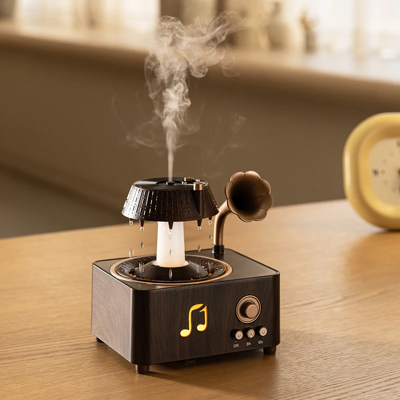 2026 New Unique Gramophone Aroma Diffuser Speaker White Noise Rotatable Raindrop Humidifier Essential Oil Aromatherphy Diffuser