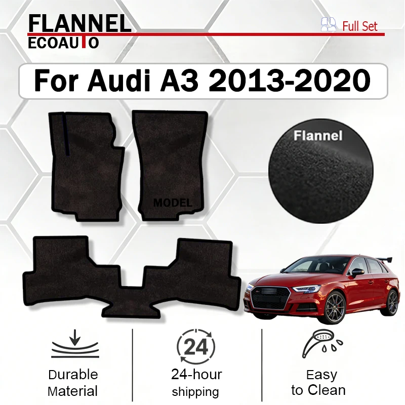 

ECOAUTO Flannel Car Floor Mat For Audi A3 2013-2020 sedan 8V Saloon Polyester suede Anti Slip Backing red Binding Trim black