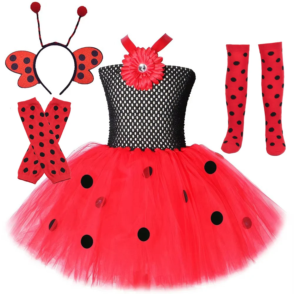 Spots Lady Beetle Fairy Costumes for Girls Halloween Carnival Fancy Tutu Dress with Wings Set Kids Insect Bug Birthday Outfits