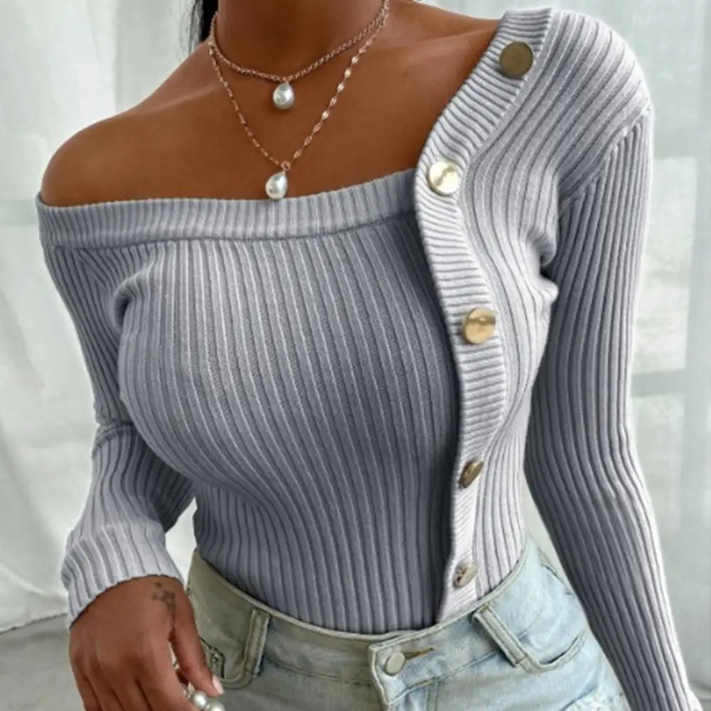 Fashion Women Autumn Blouse One Shoulder Ribbed Buttons Jumper Slim Knit Sweater Knitwear Off Shoulder Slim Knitted Sweaters