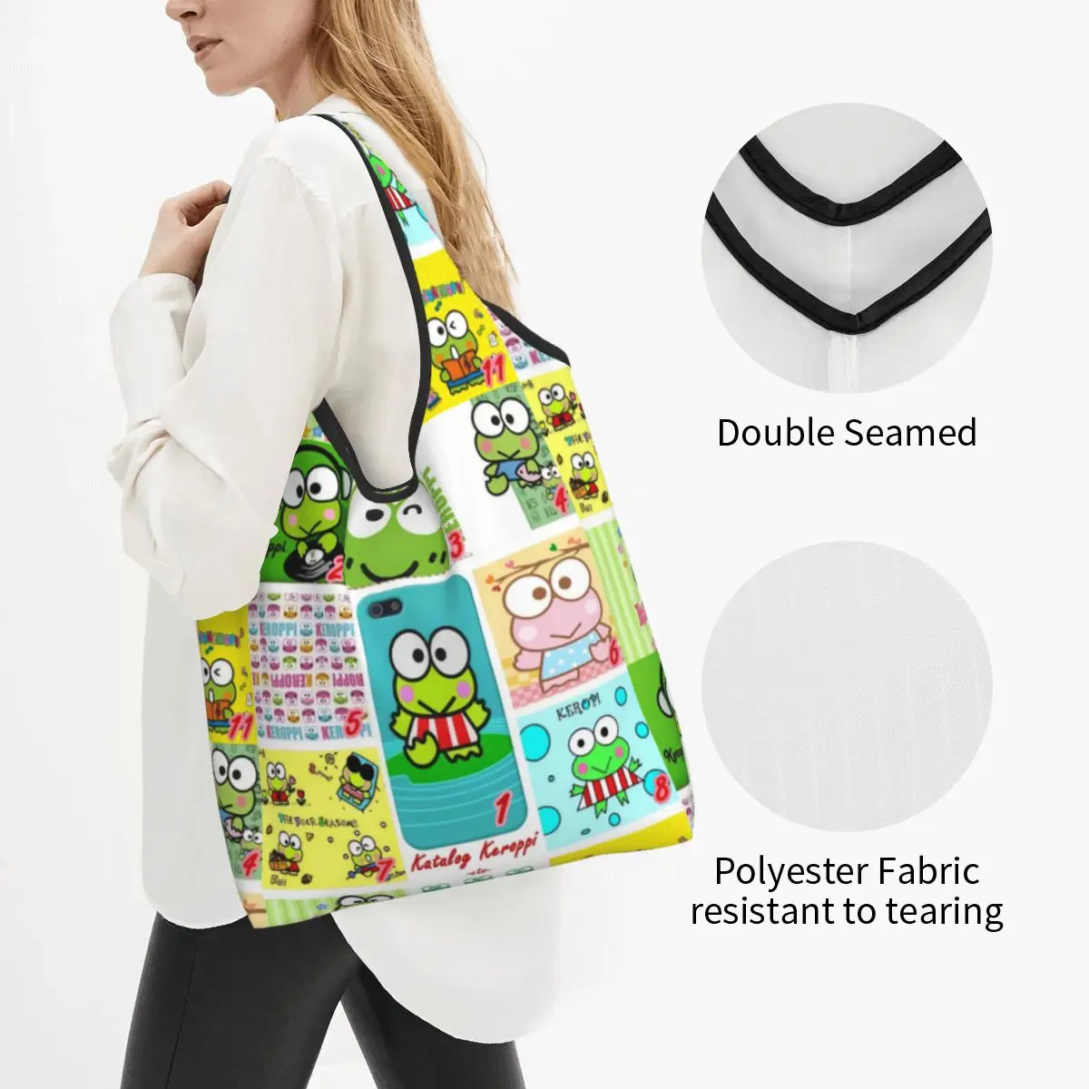 Custom Disney Cartoon Kero Kero Keroppi Sanrio Anime Grocery Shopping Bags Cute Shopper Shoulder Tote Bags Portable Handbag