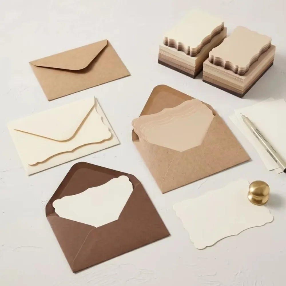 50Pcs Morandi Color Envelope Set With Envelope Blank Interior Greeting Card Wave Edge Greeting Card & Envelope Birthday Gift