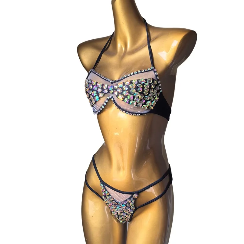 Newest Women Swimsuit 2 Pieces Set Shiny Rhinestones Bikini Holiday Vacation Beach Swimwear Music Festival Model Show Clubwear