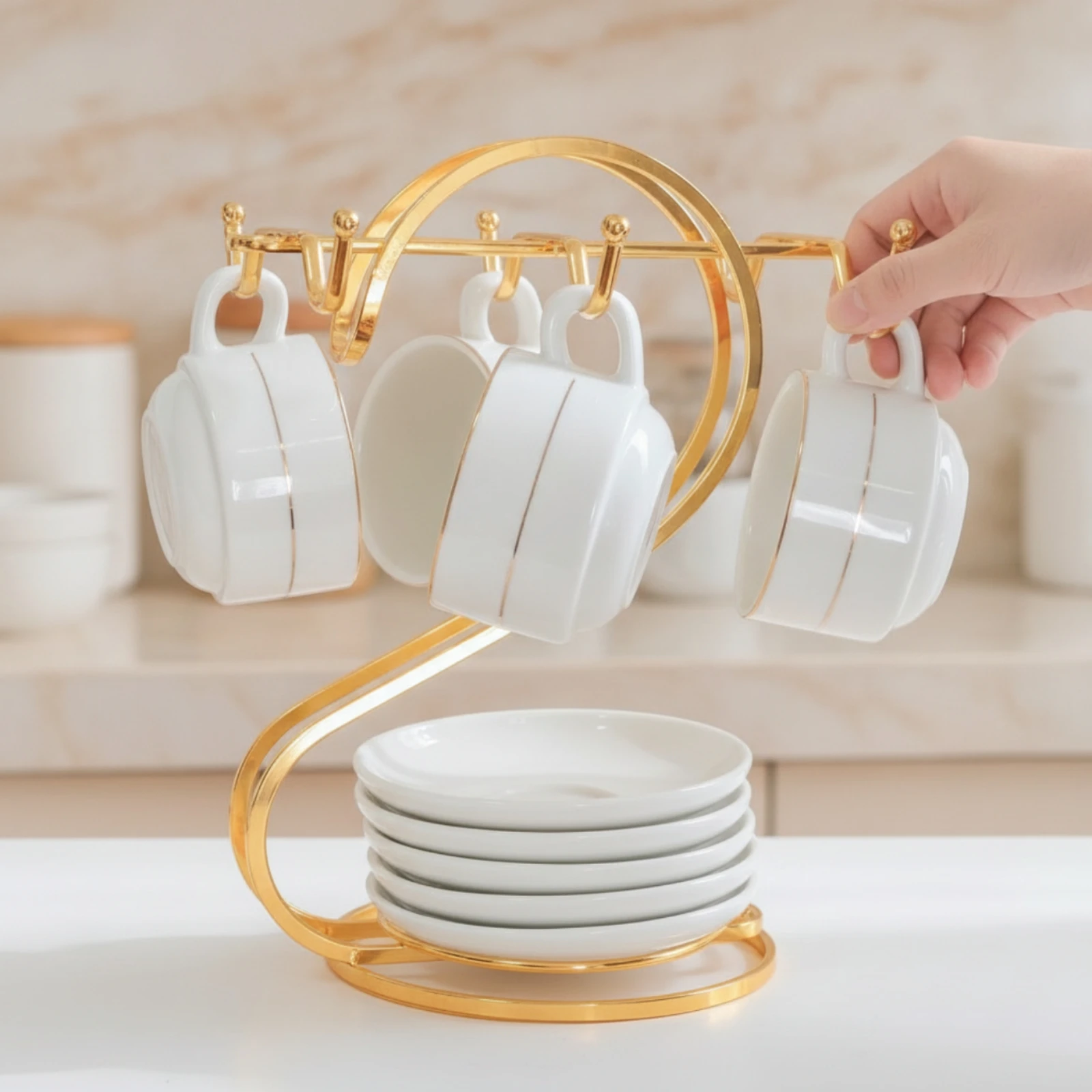 Countertop Cup Rack with Lower Tableware Support Compact S-Shaped Cup Rack Gold Finish for Kitchen, Coffee Station