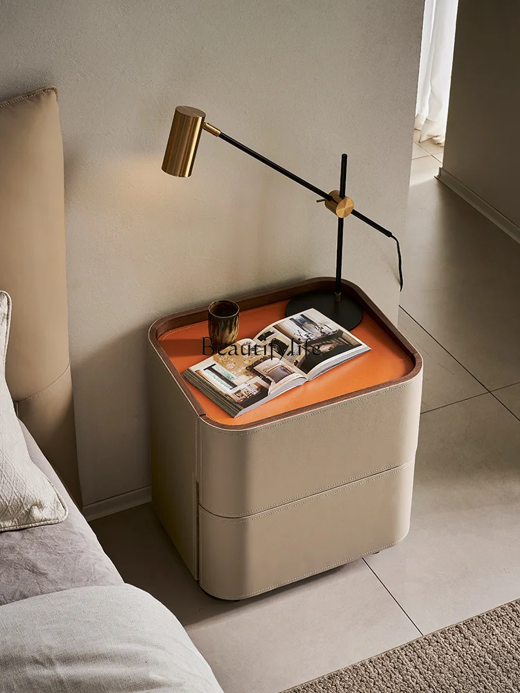Minimalist saddle leather bedside table modern household small apartment multi-functional solid wood