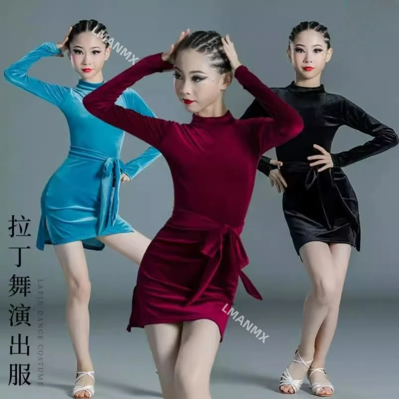 

Детская осенне-зимняя юбка для латинских танцев, тренировочное платье, бархатное платье для выступлений с длинными рукавами для девочек