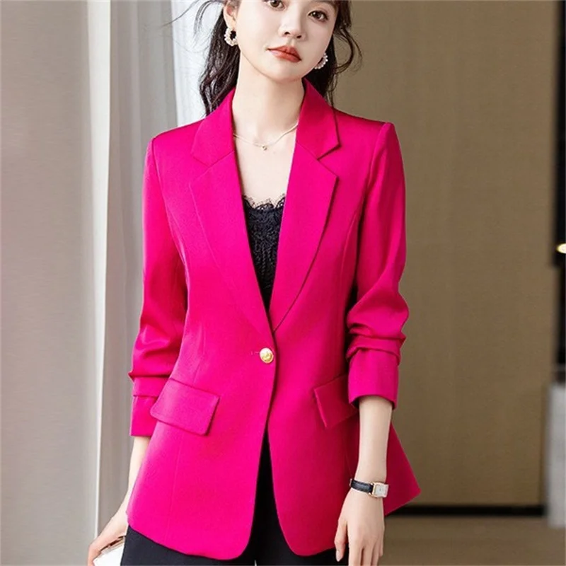 

Women Rose-red Black Suit Jacket Blazers Spring Autumn Office Coat Casual Tops High Quality Suit Coats Lady Socialite Overcoat