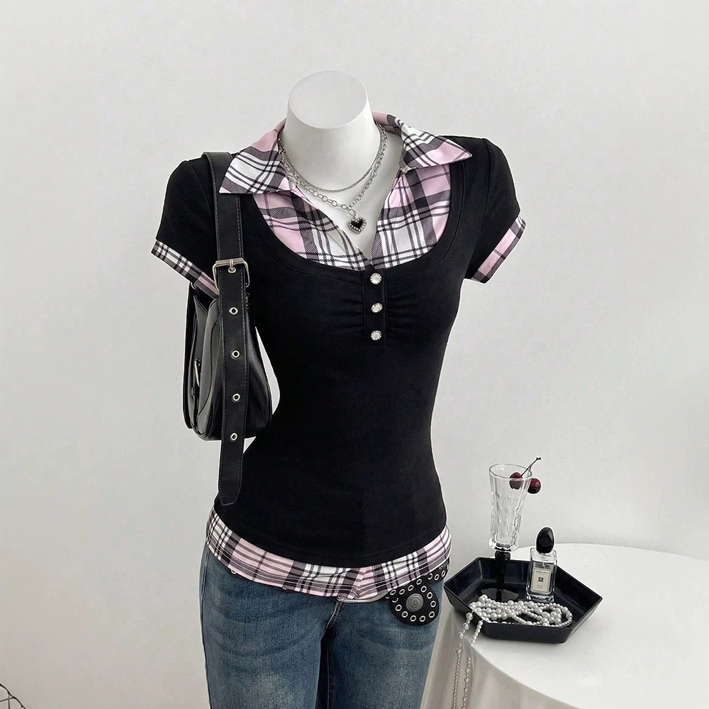 Summer new style T-shirt, lapel short-sleeved vintage summer pleated waist-fitting fake two-piece checkered collar top