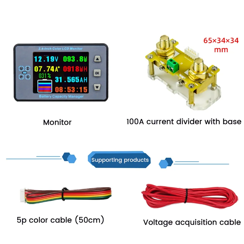 VA9810 2.4 Inch Voltage Meter+100A Diverter with Base Coulometer Capacity Power Detector Monitor for Electric Vehicle/RV