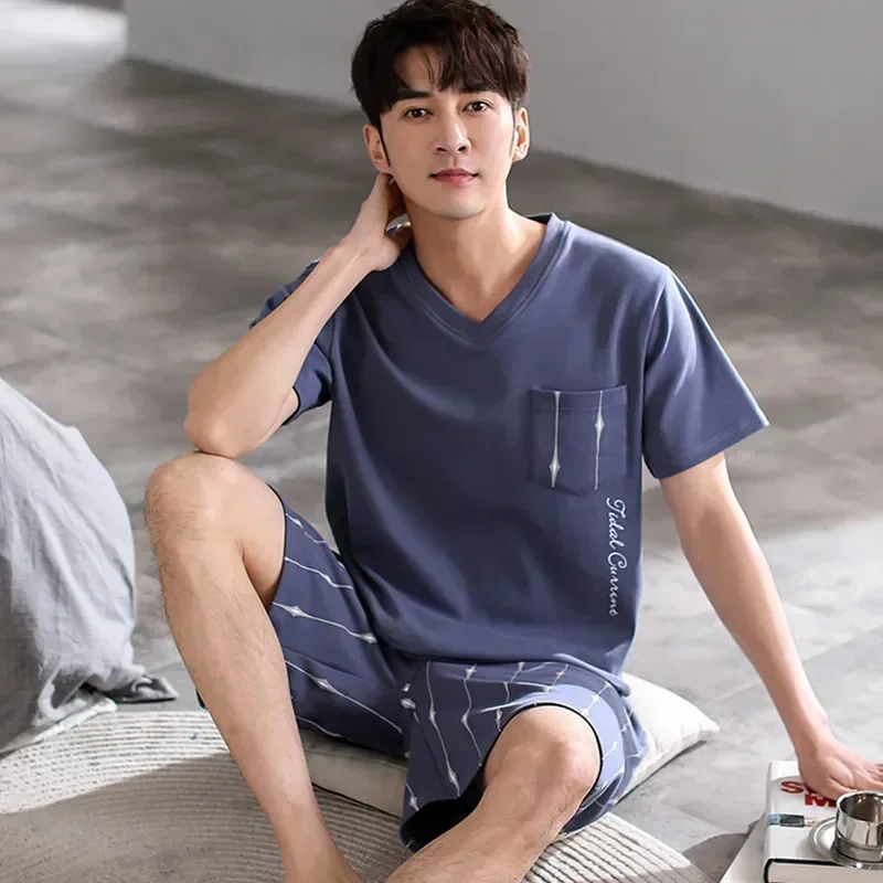 Pant Men\'s Sleeve Leisure Home Pajamas Loose Piece Men Pajama Wear Summer Cotton Elastic 2 Waist Set Sleepwear Short S