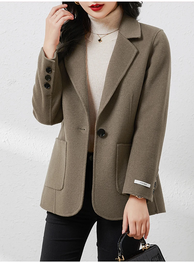 Women's Suit Collar Double-sided Cashmere Wool Coat 2024 Fall Winter Chic Ladies Single Button Loose 100% Woolen Blazer Jackets