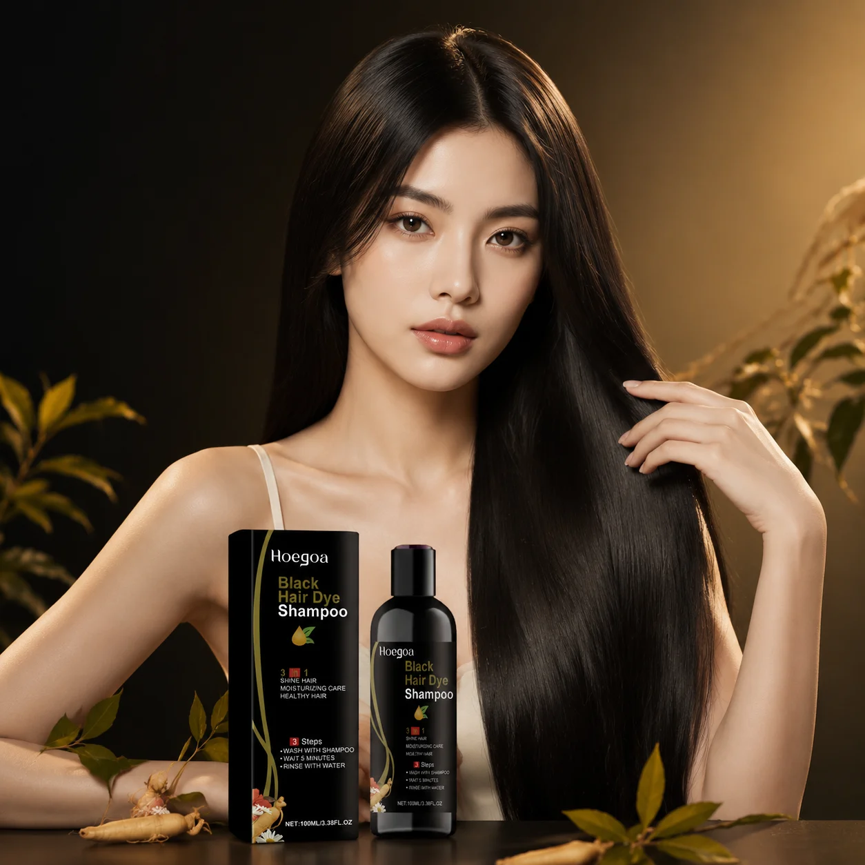 Hoegoa Black Hair Dye Shampoo Mild Hair Coloring Long‑Lasting Color Anti‑Fade Scalp Nourishment 3 in 1 Hair Color Shampoo 100ml