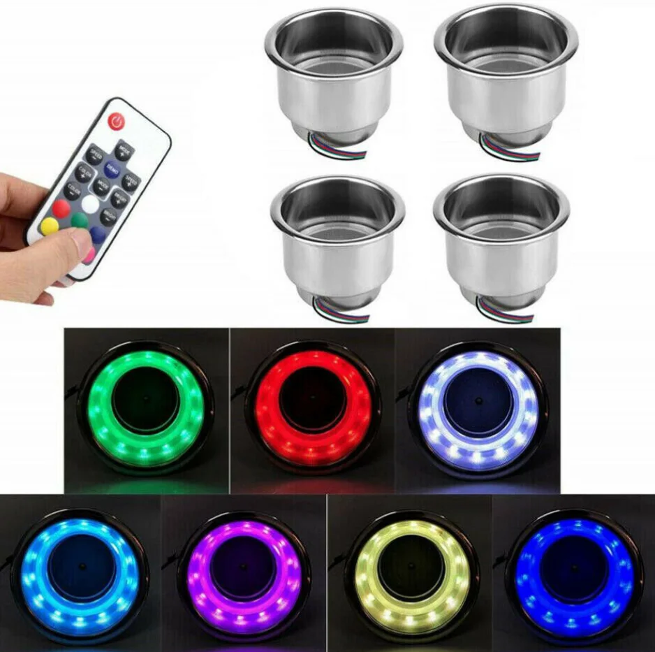 4X Led Light Drink Holder Led Recessed Stainless Steel Cup Drink Holder Cup Shape For Car Marine Boat