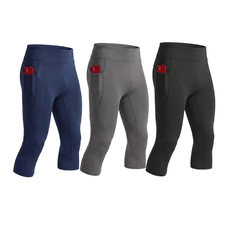 3Pcs Men High Waist Compression Pants Quick Dry Breathable 7/8 Capri Tights Autumn Winter Running Fitness Sports Layer Bottom