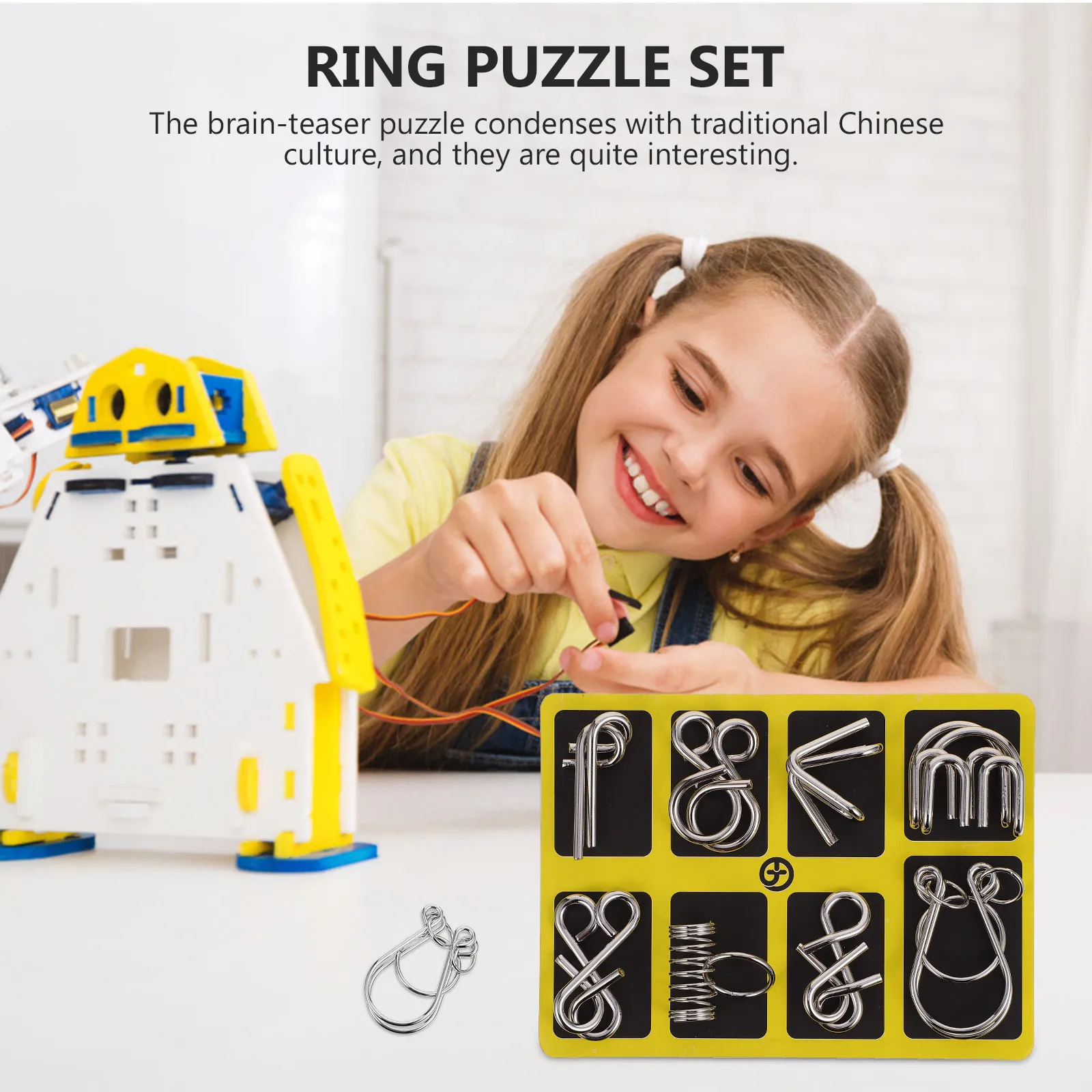 2Sets Ring Puzzle Brain Teaser Unlock Game Fun Intelligence Iq Puzzle Set Stainless Steel Wire Disentanglement Challenge
