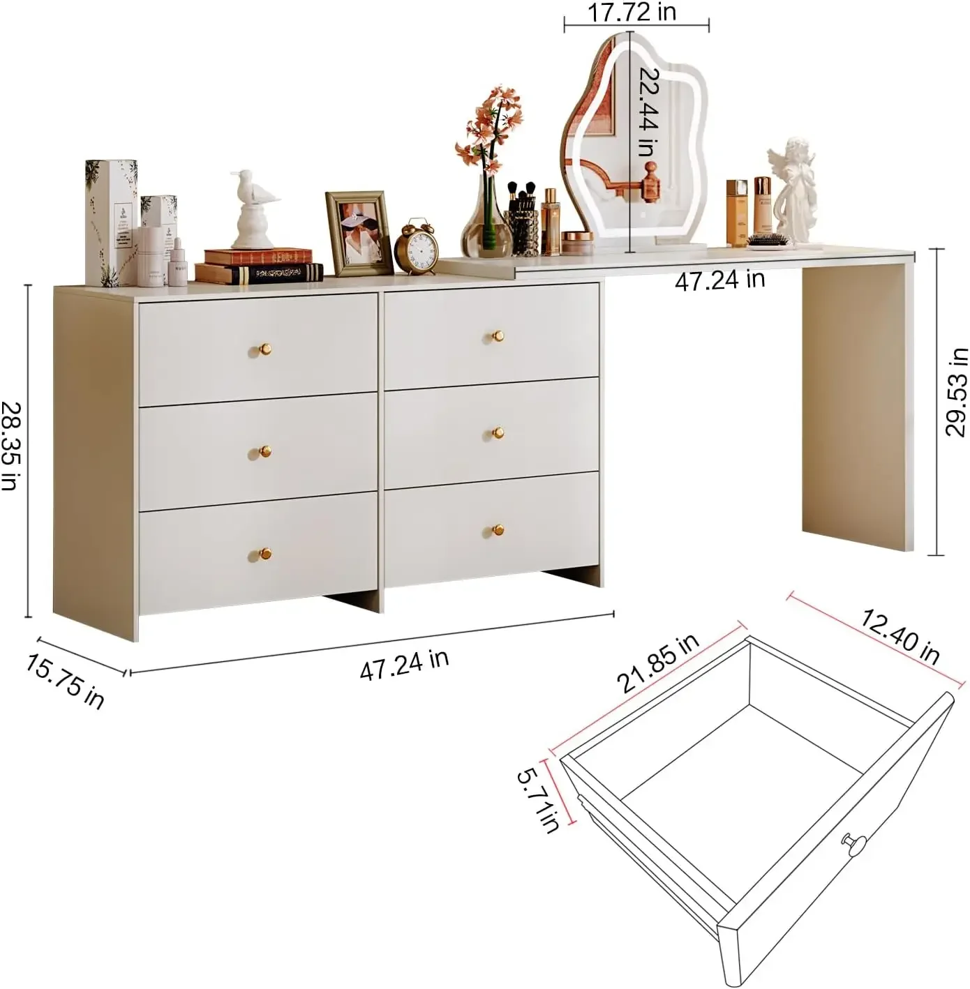 Table de maquillage d'angle moderne, avec miroir à LED et 6 grands égouts de proximité, avec armoire, table en élasthanne rétractable, pour écriture d'ordinateur portable