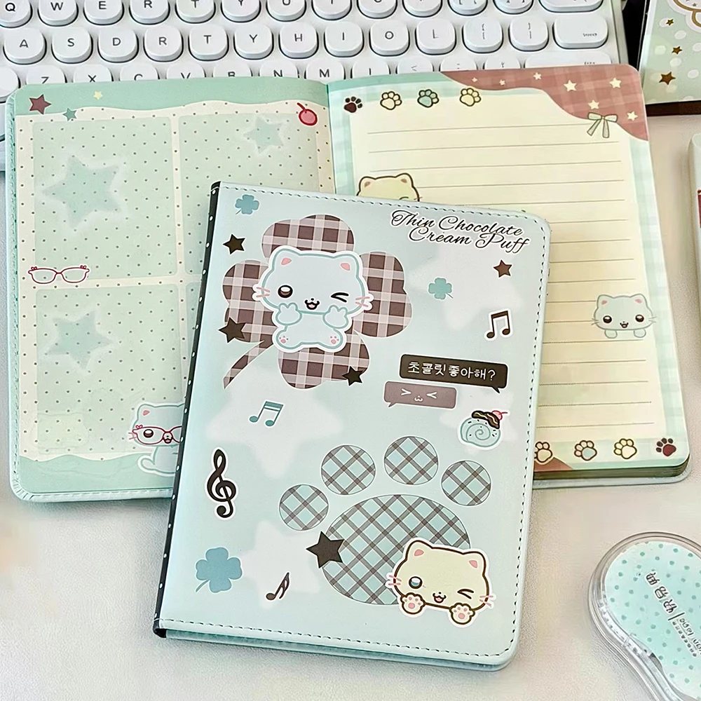 80 sheets Mint green cat B6 leather notebook, cute plaid cat hardcover, student classroom notebook, full-color inner pages