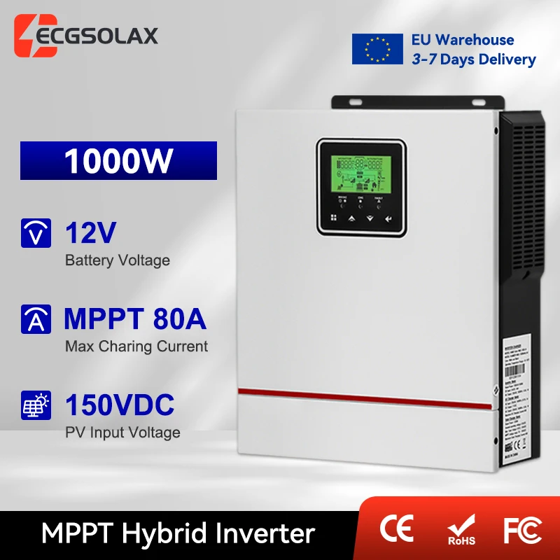 ECGSOLAX 1kW Hybrid Solar Inverter 12V 24V 220Vac with 80A MPPT Charge Controller, 1000W On-Grid Hybrid Inverter, Max. PV voltage 150VDC