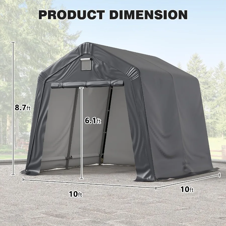 Outdoor portable storage shed for generator, vehicle, motorcycle use; heavy-duty polyethylene material; gray color; roll-up zip