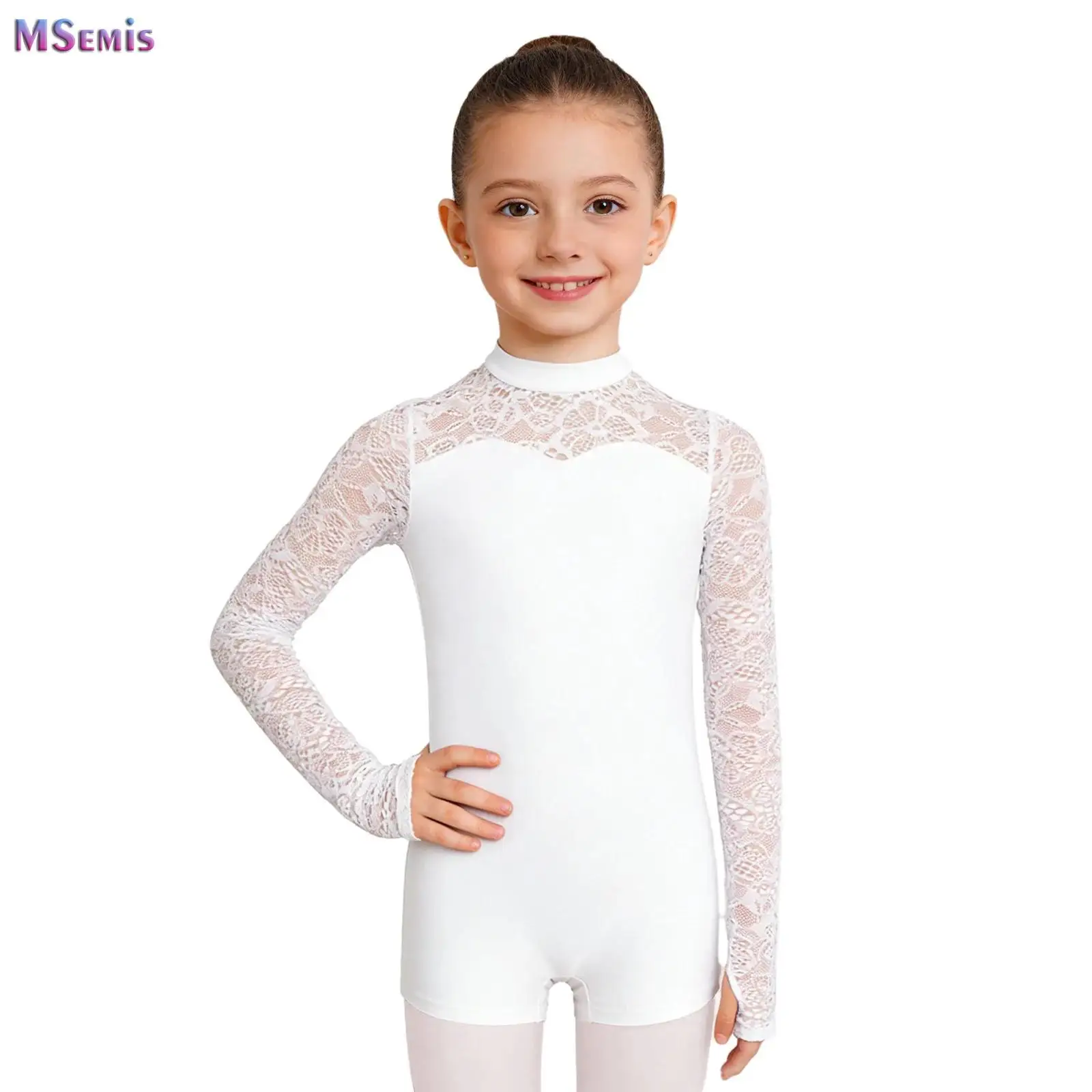 

Ballet Leotard for Girl Kids Lace Patchwork Long Sleeves Gymnastics Bodysuit Black Dance Leotard Performance Competition Clothes