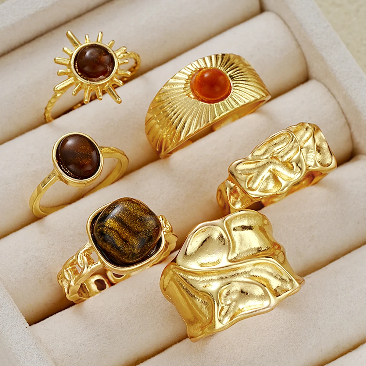 6pcs Sunflower Tiger Eye Stone Ring Set for Women Vintage Irregular Gold Color Aesthetic Open Rings Fashion Party Jewelry Gifts image 2