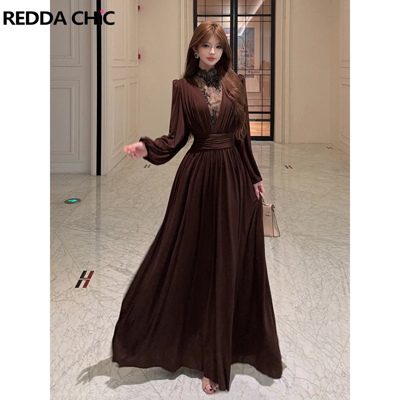

ReddaChic Stitch Lace Turtleneck Dress Women Cinched Shirred Lantern Long Sleeve Brown Maxi Long One-piece Retro Fall Clothes