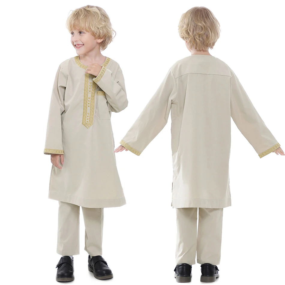 

Children Thawb Kids 2023 Muslim Thobe Teens Arab National Outfit Boys Summer Folk Clothing Set 4-12 Years Ramadan Tops and Pants