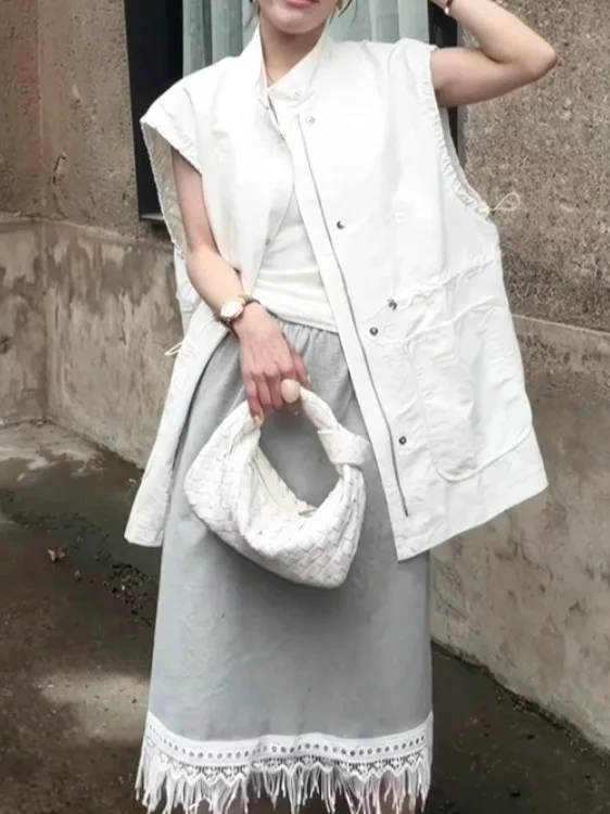 

Women's Stand Collar Svel Vest with Dstring Slimming Waist Casual Outerwear Faionable All-Match oulder Pad Jaet