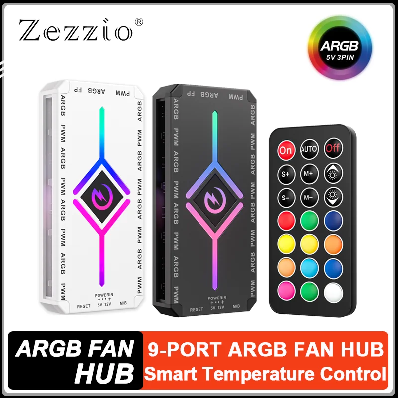 ZEZZIO Z-H8 9-PORT ARGB FAN HUB 5V 3PIN/12V 4PIN PWM Computer Case Fan Multi Way Splitter SATA Power With Remote Controller