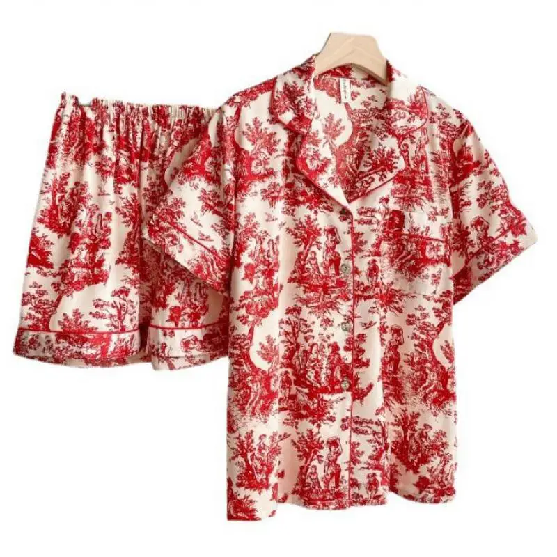 Summer Pajama Set Print Satin Sleepwear Lapel Pijamas Suit Women Short Sleeve Shirt&pant Lingerie PJS Negligee Homewear