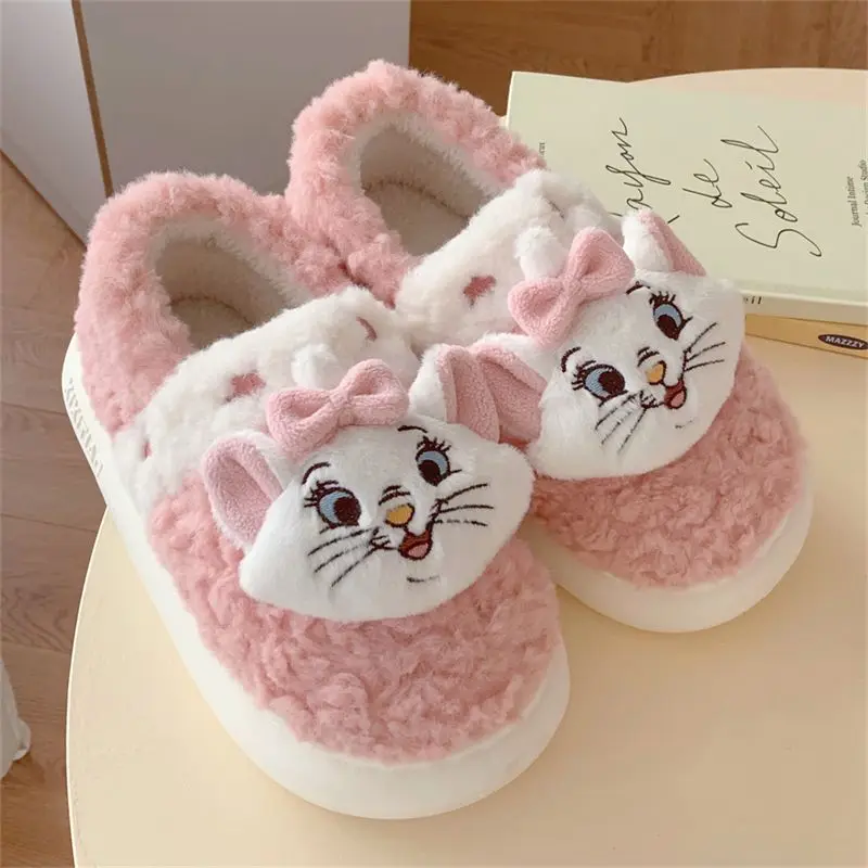 Kawaii Disney Marie Cat Damen-Baumwollhausschuhe, Winterhaus, rutschfeste Plüschhausschuhe, niedliche Cartoon-Schuhe mit weichem Boden