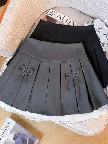 High Waist A-Line  Skirt with  Knot Pleated Women's Spring Summer JK Skirt in Grey And Black Ins Style