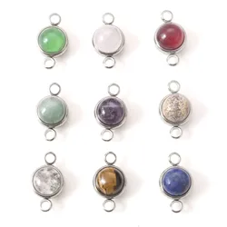 Stainless Steel Natural Stone Charm Connector Multicolor Round Pendants Necklace Bracelet Making Jewelry Accessories 18mm X 10mm