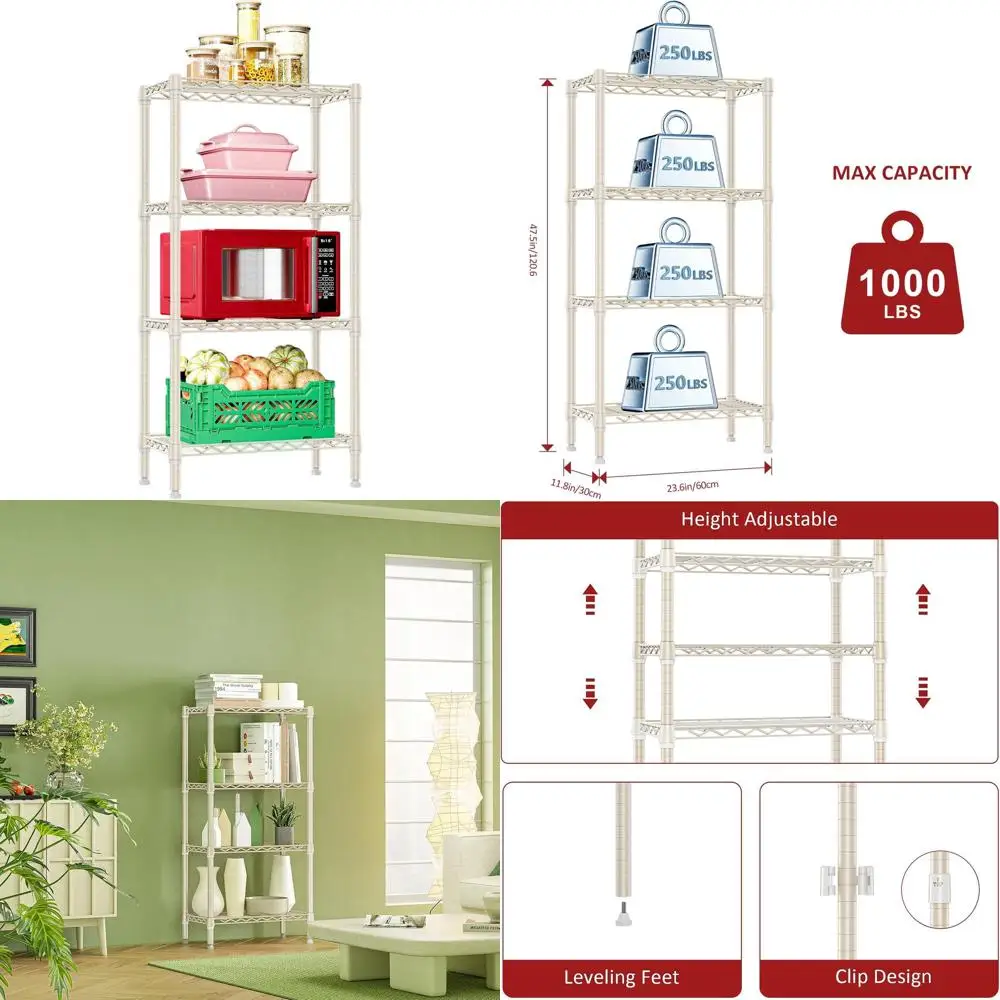 

Heavy Duty 4-Tier Steel Storage Shelves for Home Organization, 11.8D x 23.6W x 47.5H, Holds 1000 LBS, Light Tan