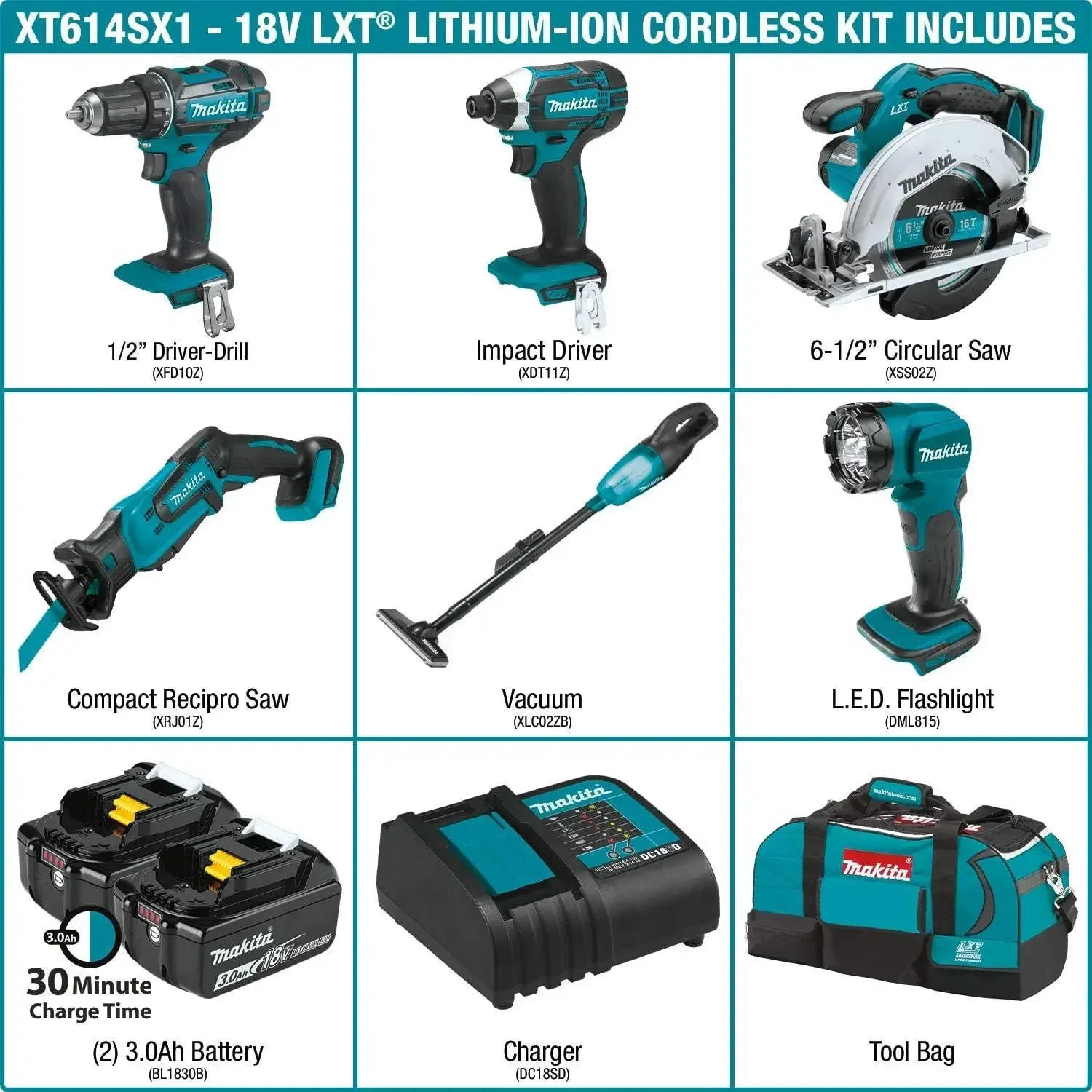 

Makita XT614SX1 18V LXT Lithium-Ion Cordless 6-Pc. Combo Kit (3.0Ah)