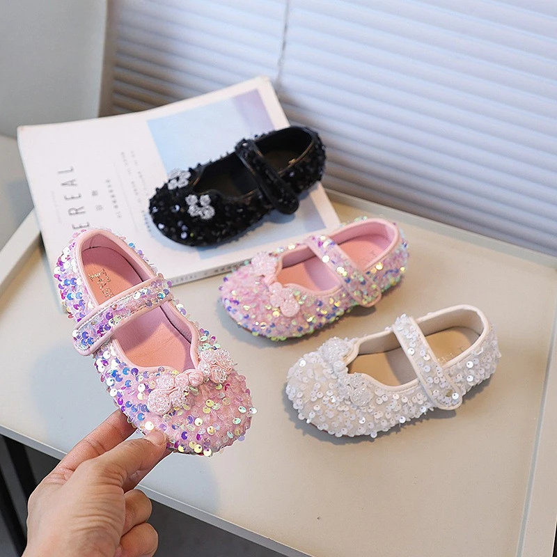 

2025 New Girls Fashion Sequins Dress Shoes Elegant Children's Leather Shoes Spring Autumn Causal Kids Wedding Party Flat Shoes