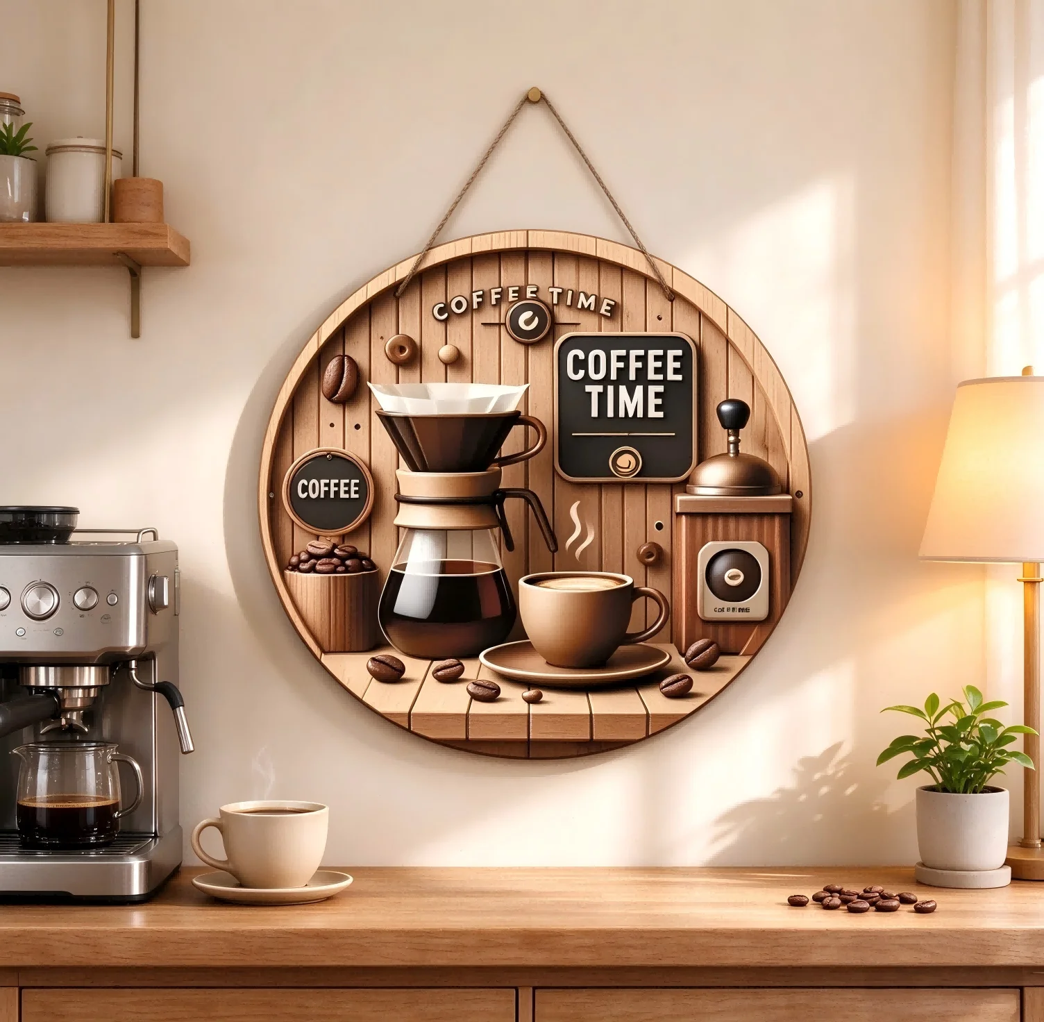 Vintage Kaffeestunden-Wandschild, 3D Holzmaserung Kaffeemaschinen-Dekor, Retro-Küchen-Café-Hängeplakette, Heim-Bar-Kunstgeschenk – Detail 2