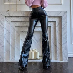 Women's Winter New High Waisted Light Sensitive PU Leather Pants Black Glossy Flared Pants Women's Pants